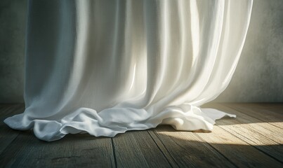 Soft cotton fabric draped over a rustic wooden surface, with folds and textures illuminated by diffused natural light, creating a calm minimalist mood