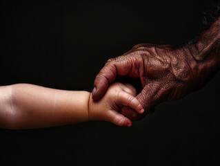 Generations United: A poignant image of an aged hand gently holding the small hand of a child, symbolizing the enduring bond of family and the passage of time.