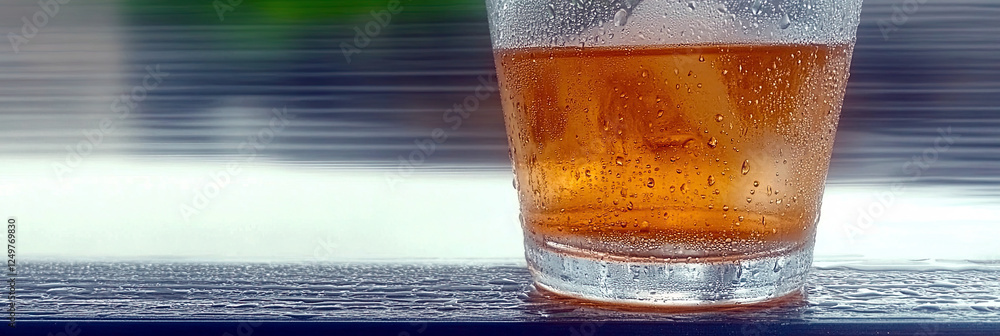 Poster close-up view of iced tea with condensation droplets on a smooth surface in warm sunlight
