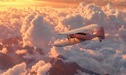 Soft pink clouds framing a vintage biplane flying over serene orange mountains, creating a nostalgic and dreamy atmosphere.