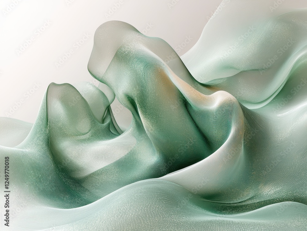 Poster abstract fluid shapes in soft green tones creating a serene atmosphere.