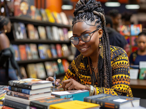 Author Signing Books in Bookstore: A smiling Black woman with long braids and glasses sits at a table in a bustling bookstore, signing books for fans.