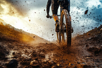 Cyclist conquers rough mountain terrain during golden hour adventure