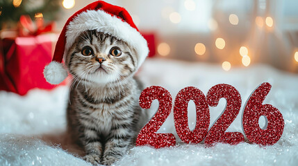 A cute kitten wearing a Santa hat sits beside glittery "2026" numbers, celebrating the New Year with a festive atmosphere.