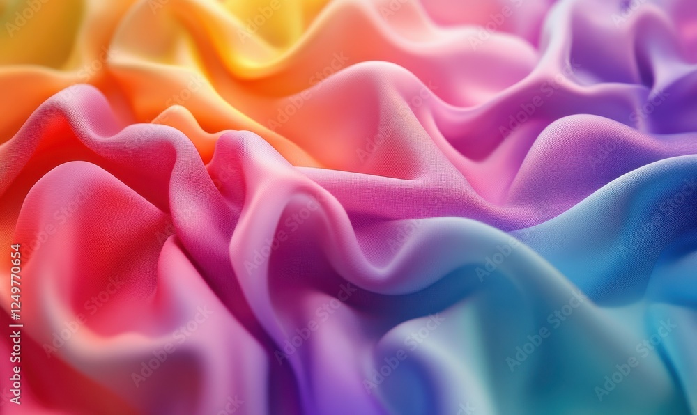 Poster vibrant rainbow fabric folds creating a soft and colorful texture, each hue blending seamlessly unde