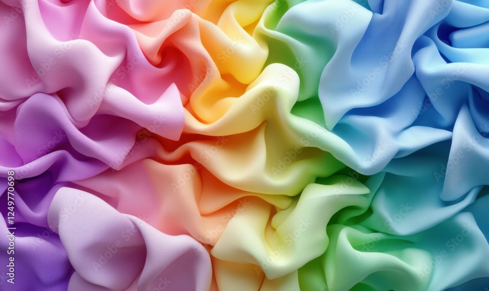 Poster vibrant rainbow fabric folds creating a soft and colorful texture, each hue blending seamlessly unde