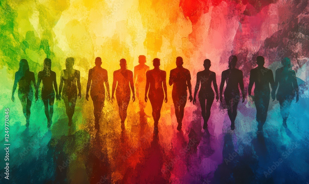 Poster vibrant rainbow of silhouettes representing unity and diversity, soft focus and layered textures add