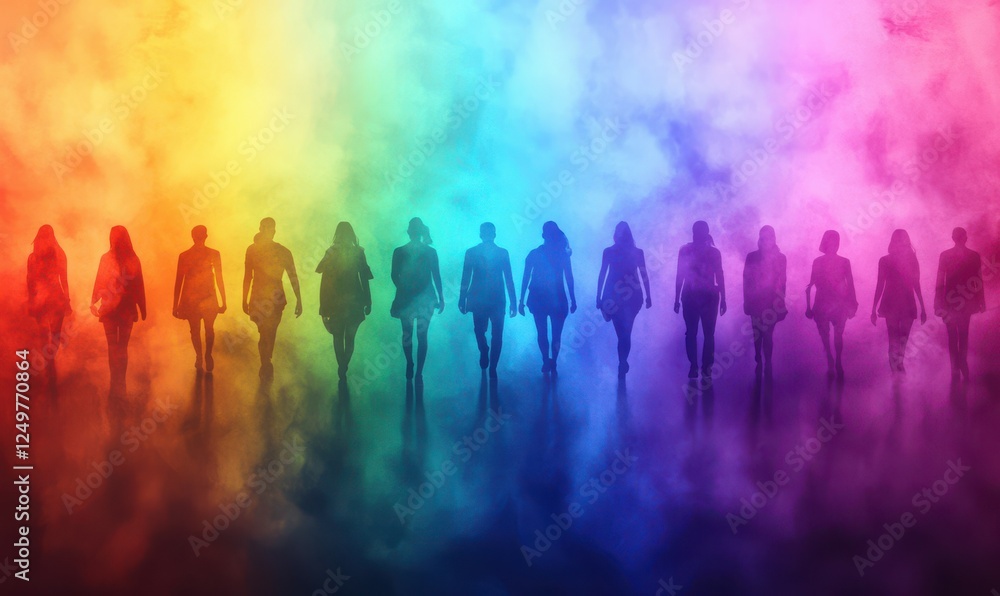 Poster vibrant rainbow of silhouettes representing unity and diversity, soft focus and layered textures add
