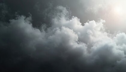 Obraz premium Abstract panoramic view of swirling clouds, fog. Dramatic sky with white, gray clouds moving against dark background. Beautiful cloudy weather scene. Ideal for logo design banner for website app.