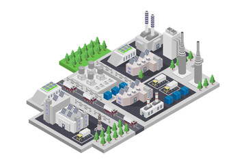 Solar panels on the factory roof isometric
