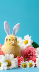 Obraz premium Cute chick wearing bunny ears surrounded by colorful flowers