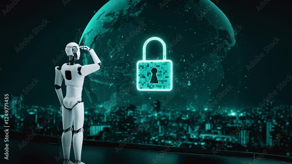 Poster ai robot huminoid uses cloud computing technology to store data on online server . futuristic concep