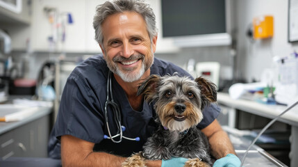 A smiling veterinarian in a clinic holding a happy dog on a stainless steel examination table.
