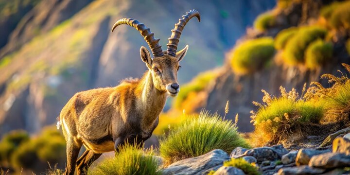 Majestic Ethiopian ibex, horns silhouetted against a blurred African mountain landscape.