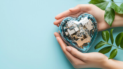 A transparent robotic heart with intricate circuits and wires held gently in human hands on a pastel blue background.