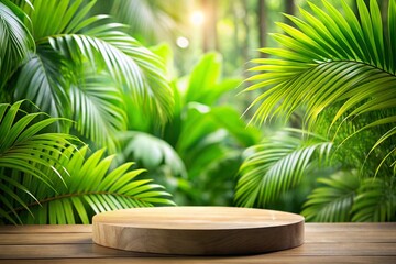 Fototapeta premium Wood tabletop podium floor in outdoors tropical garden forest blurred green leaf plant nature background.