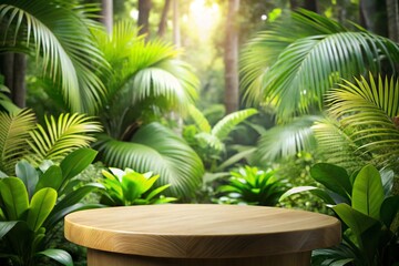 Obraz premium Wood tabletop podium floor in outdoors tropical garden forest blurred green leaf plant nature background.