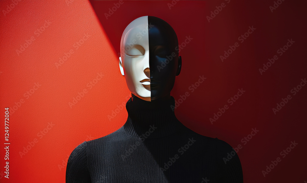Poster mannequin with duality theme is split into black and white against vibrant red background, creating 