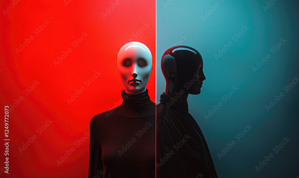 Poster mannequin representing duality stands against split color scheme background, with one side red and o