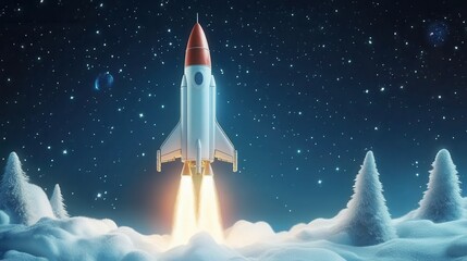 Obraz premium Rocket launch. Space ship launches, simple spaceship on start. New project or business, cartoon flat shuttle fly in sky utter vector background