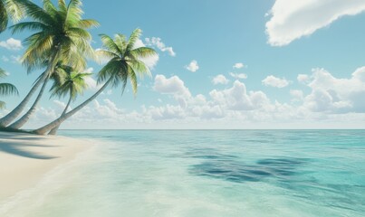 Vibrant tropical beach scene with clear blue water, soft white sand, and palm trees swaying gently in the breeze