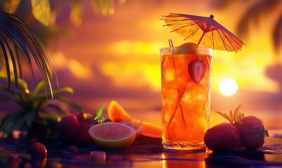 Vibrant tropical cocktail served in a tall glass, garnished with fresh fruit and an umbrella, vibrant colors and glowing sunlight capturing vacation vibes