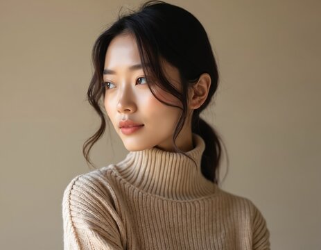 Stylish Asian woman in beige knitwear. Attractive young woman looks to side. Beige sweater with turtleneck. Relaxed indoor setting. Trendy autumn fashion. Cozy warm clothing. Soft light in simple