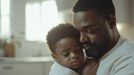 Obraz premium Heartwarming moment of a father and son embracing with joy and love in a soft-lit indoor setting.