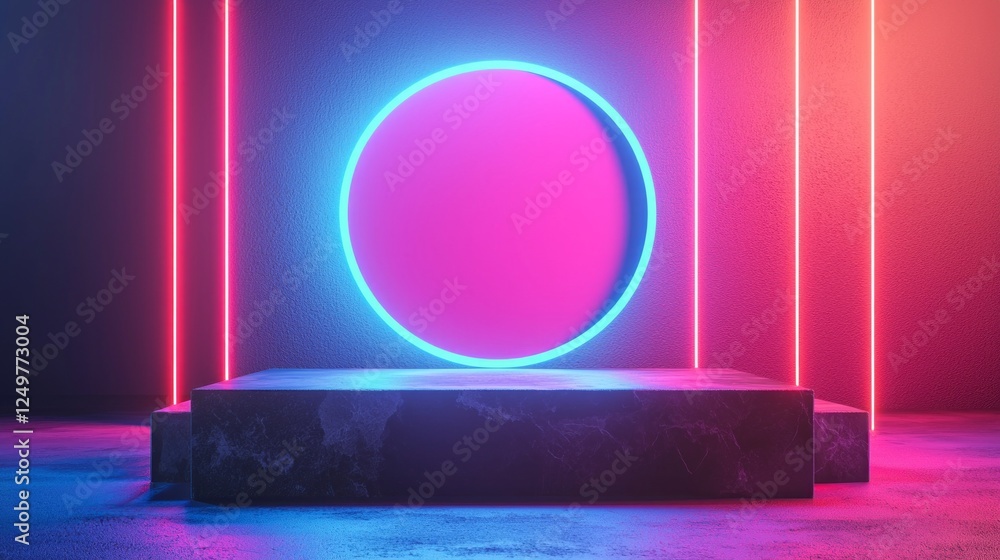 Poster glowing geometric shapes emanate a futuristic vibe on a polished podium made of natural stone. this 