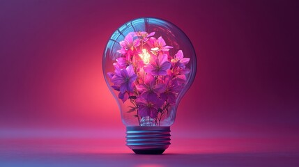 A glowing light bulb filled with purple flowers against a magenta backdrop, blending natural beauty with innovative ideas