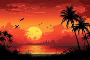 A vibrant sunset over a tropical beach with palm trees and flying birds.