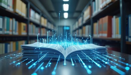 Modern library setting with tech overlay. Documents, books on table. Futuristic tech integration. Library resources with virtual access. Digital archive. Showcase of modern tech in library. Info