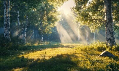 Obraz premium Warm sunlight filtering through forest trees, illuminating a lush green meadow and creating a peaceful nature scene