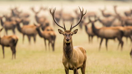 Obraz premium Majestic Red Deer with Large Antlers Standing Proudly in Front of Its Herd, Showcasing Strength, Leadership, and the Beauty of Wildlife in a Natural Forest Setting