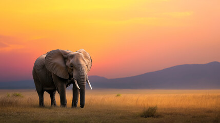 Obraz premium Majestic Elephant Standing on the Savanna Under a Warm, Golden Sunset, Capturing the Beauty of Wildlife, Nature, and the Serenity of the African Landscape