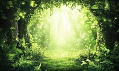 Obraz premium Whimsical forest scene with dense greenery and sunlight streaming through the trees, creating a serene and magical vibe