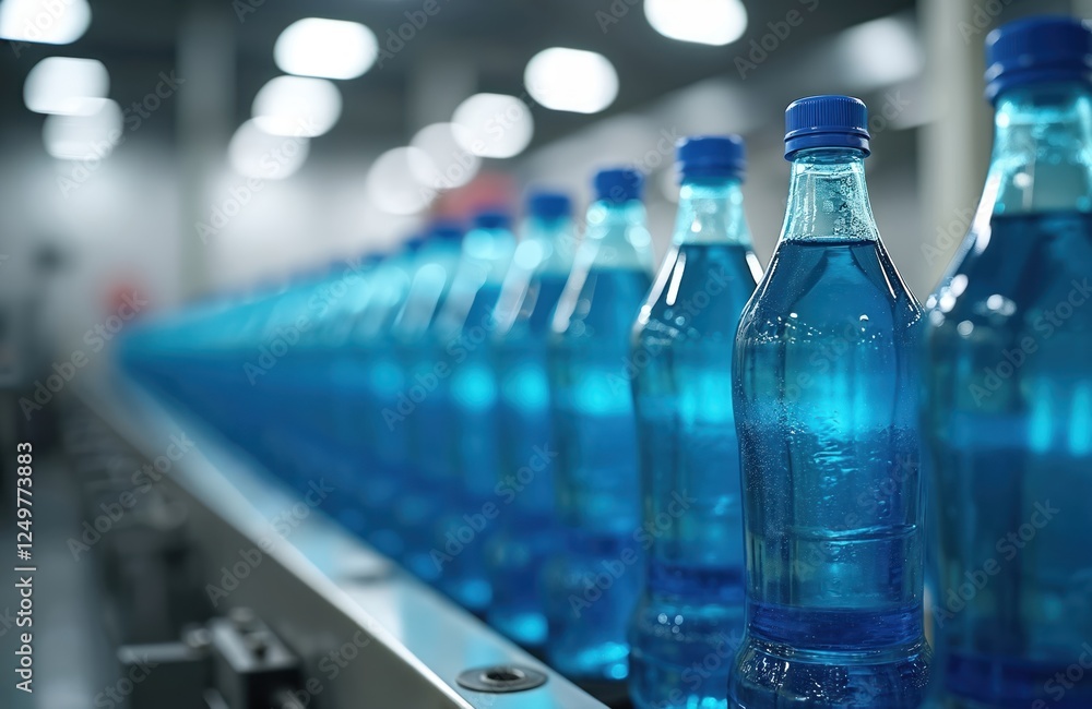 Poster automated bottling line fills many blue transparent plastic bottles with refreshing drink. modern te