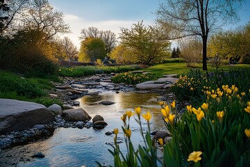 Peaceful stream surrounded by blooming flowers in spring