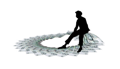 A stack of Polish PLN 100 banknotes. Man sitting on money.
