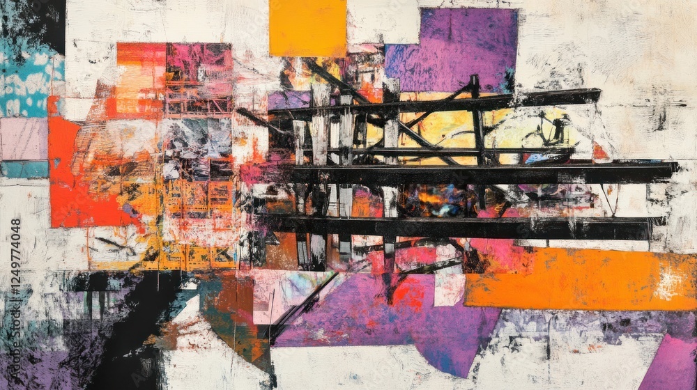 Poster abstract expressionist painting: bold colors and dynamic structural elements