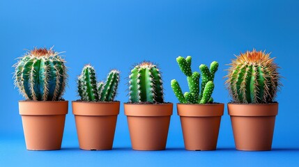 Five cacti in terracotta pots, arranged in a row against a vivid blue background
