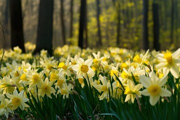 Fototapeta premium Daffodils blooming in a sunlit forest clearing