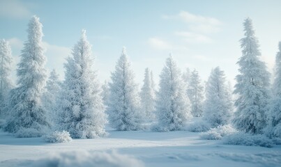 Naklejka premium Winter wonderland with frosted pine trees covered in sparkling snow, bathed in a cool bluish-white glow.