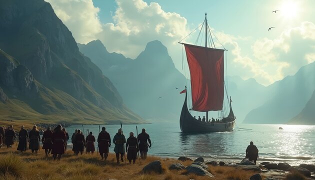 Viking warriors prepare for landing. Longship approaches coastal area. Group of warriors walk towards shore. Epic historical scene. Coastal landscape with mountains, water. Ancient Norse exploration