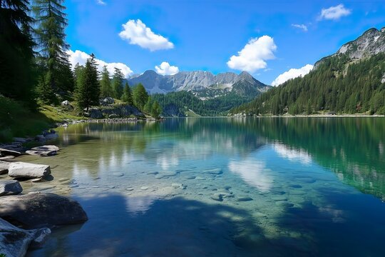 Scenic view of a tranquil lake surrounded by mountains - Powered by Adobe