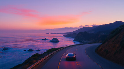 Scenic coastal drive along a winding road at sunset with vibrant colors reflecting on the ocean