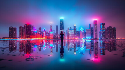 Urban Reflection:  A lone figure stands silhouetted against a futuristic cityscape bathed in neon lights, their reflection mirroring the vibrant skyline in a tranquil pool of water. 