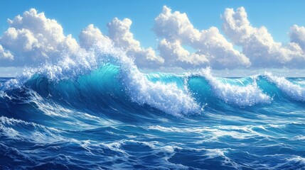 Ocean waves crashing under sunny sky, background clouds
