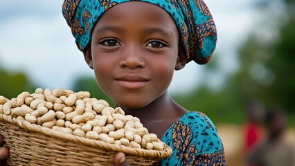 African smiling young girl in traditional clothing holding a basket of freshly harvested peanuts