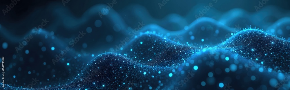 Poster abstract tech landscape. blue glowing particles form wavy patterns. modern design. cybersecurity the